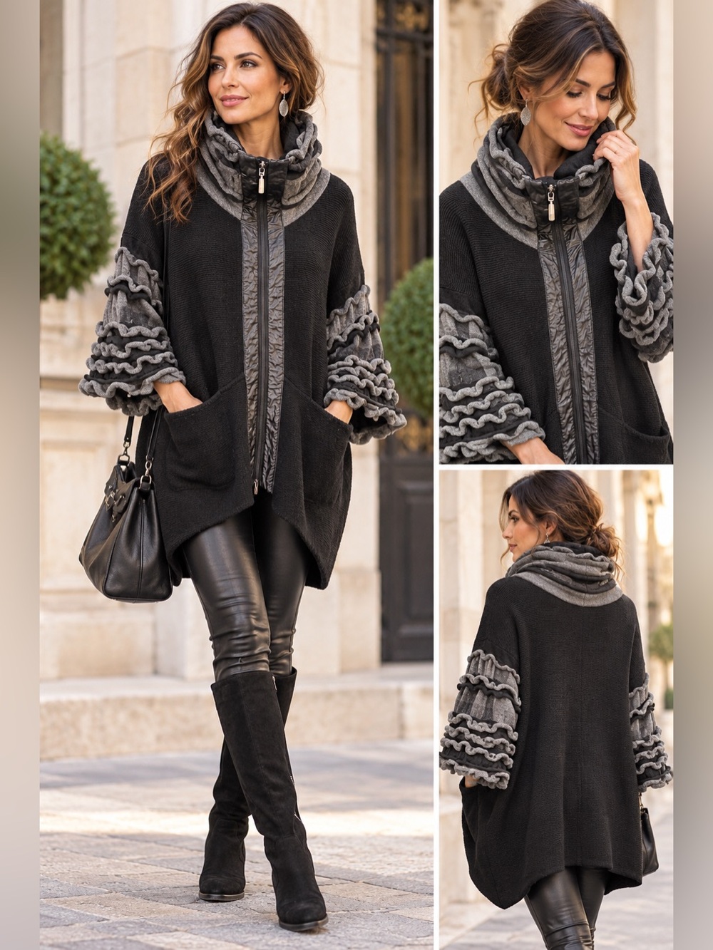 Women's Black Cowl Zip Sweater with Gray Ruffle Detail